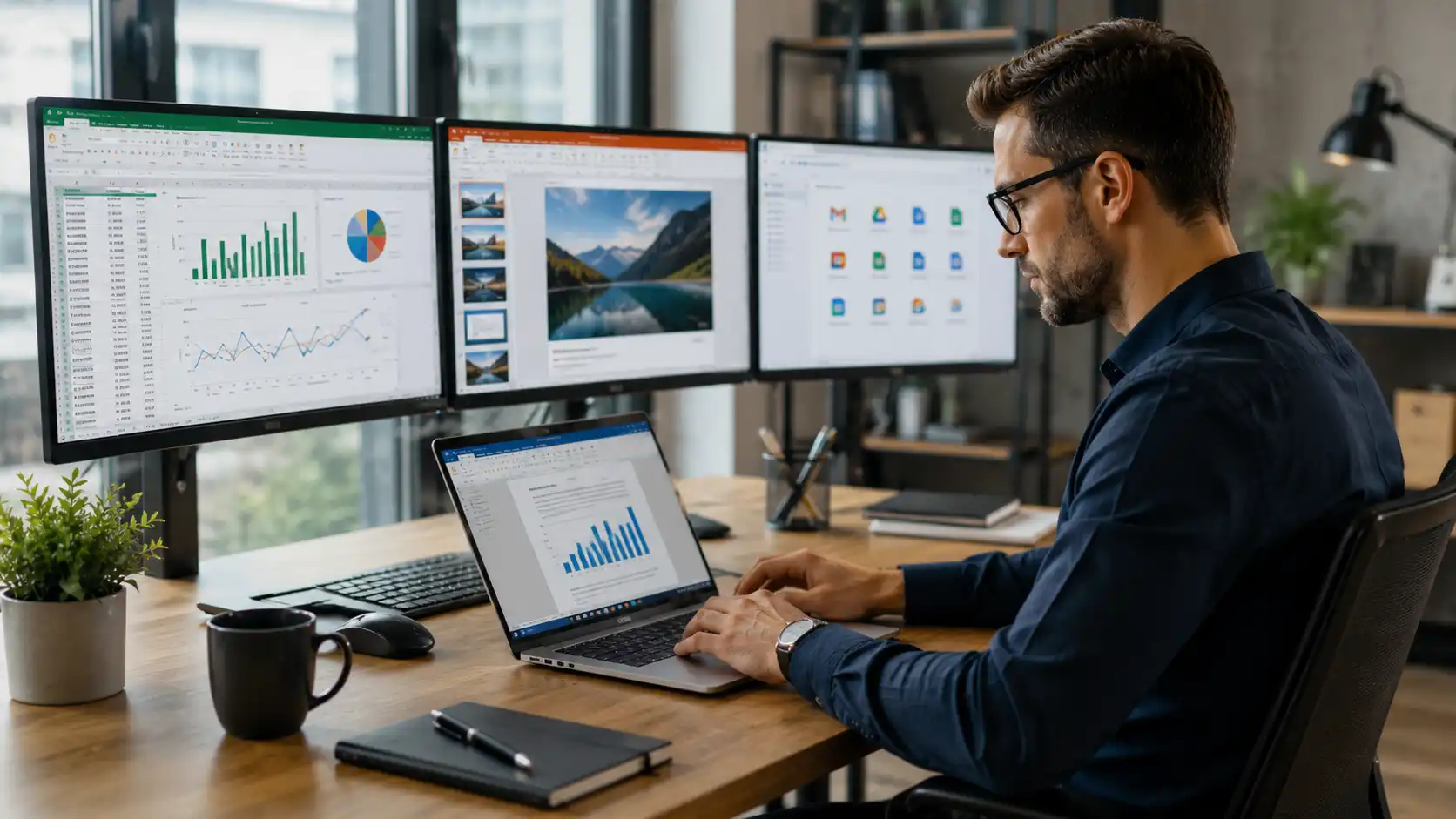Profesional utilizando herramientas ofimáticas como Microsoft Excel, Word y Google Workspace para crear un currículum profesional