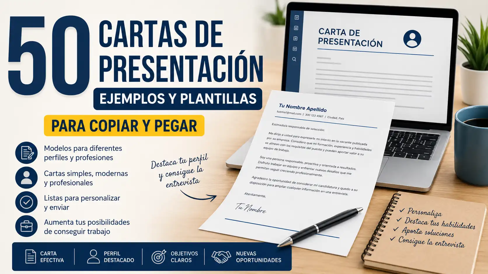 Persona redactando una carta de presentación profesional en un escritorio moderno con laptop.