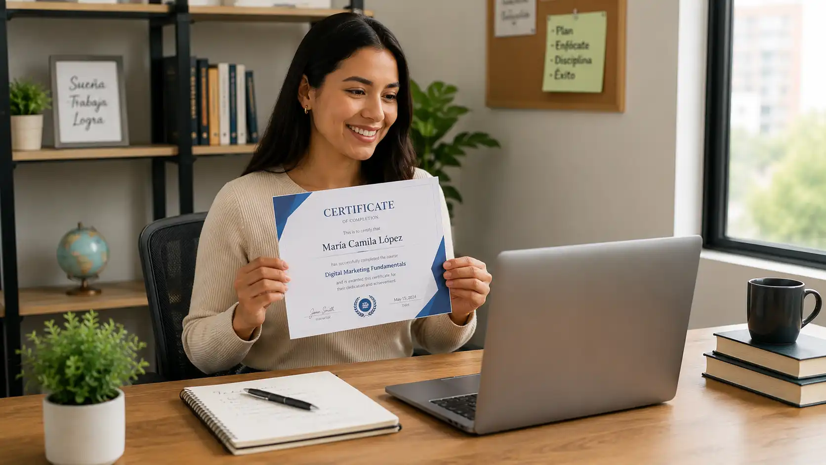 Profesional colombiano revisando sus certificaciones para incluirlas en su hoja de vida y conseguir empleo.