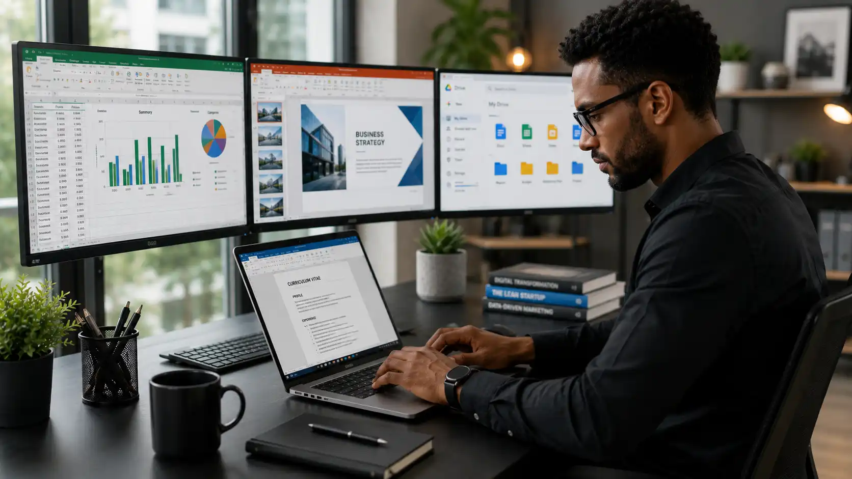 Profesional actualizando su currículum con herramientas ofimáticas como Microsoft Excel, Word y Google Workspace en una oficina moderna