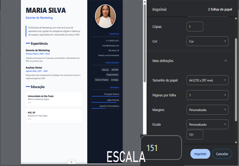 Configuración correcta de márgenes y escala en la ventana de impresión para que la hoja de vida salga perfecta