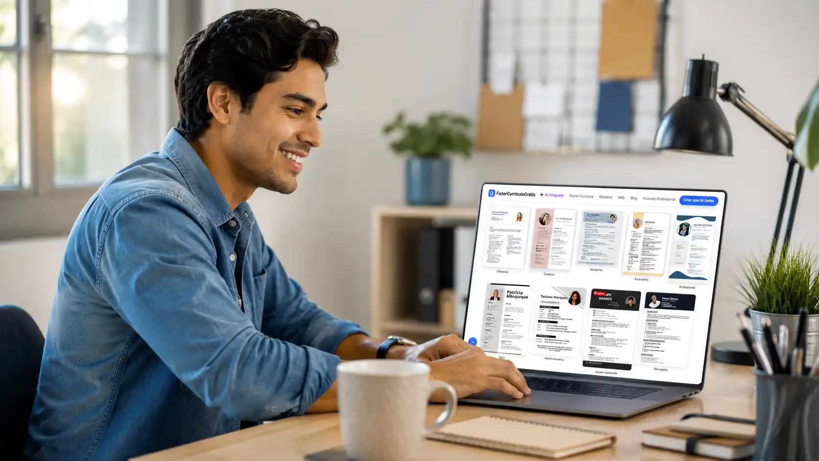 Diseñador de CV con IA gratis y sin registros creando un currículum profesional en una computadora portátil.