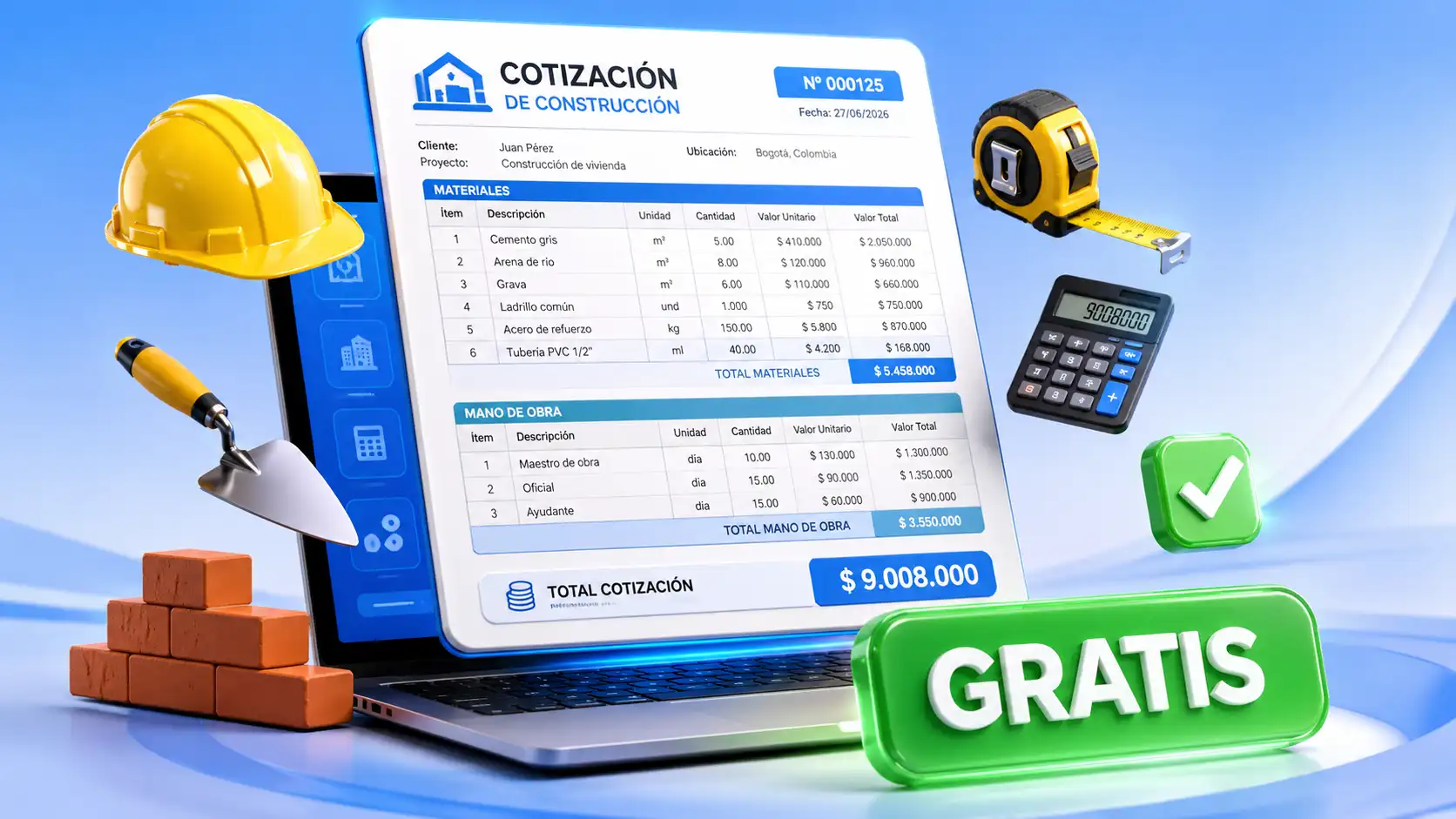 Generador de cotización para construcción gratis con materiales, mano de obra y unidades m² m³