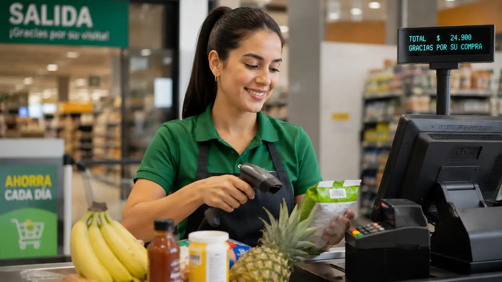 Cajera de supermercado colombiana creando su hoja de vida para aplicar a vacantes en retail y tiendas.
