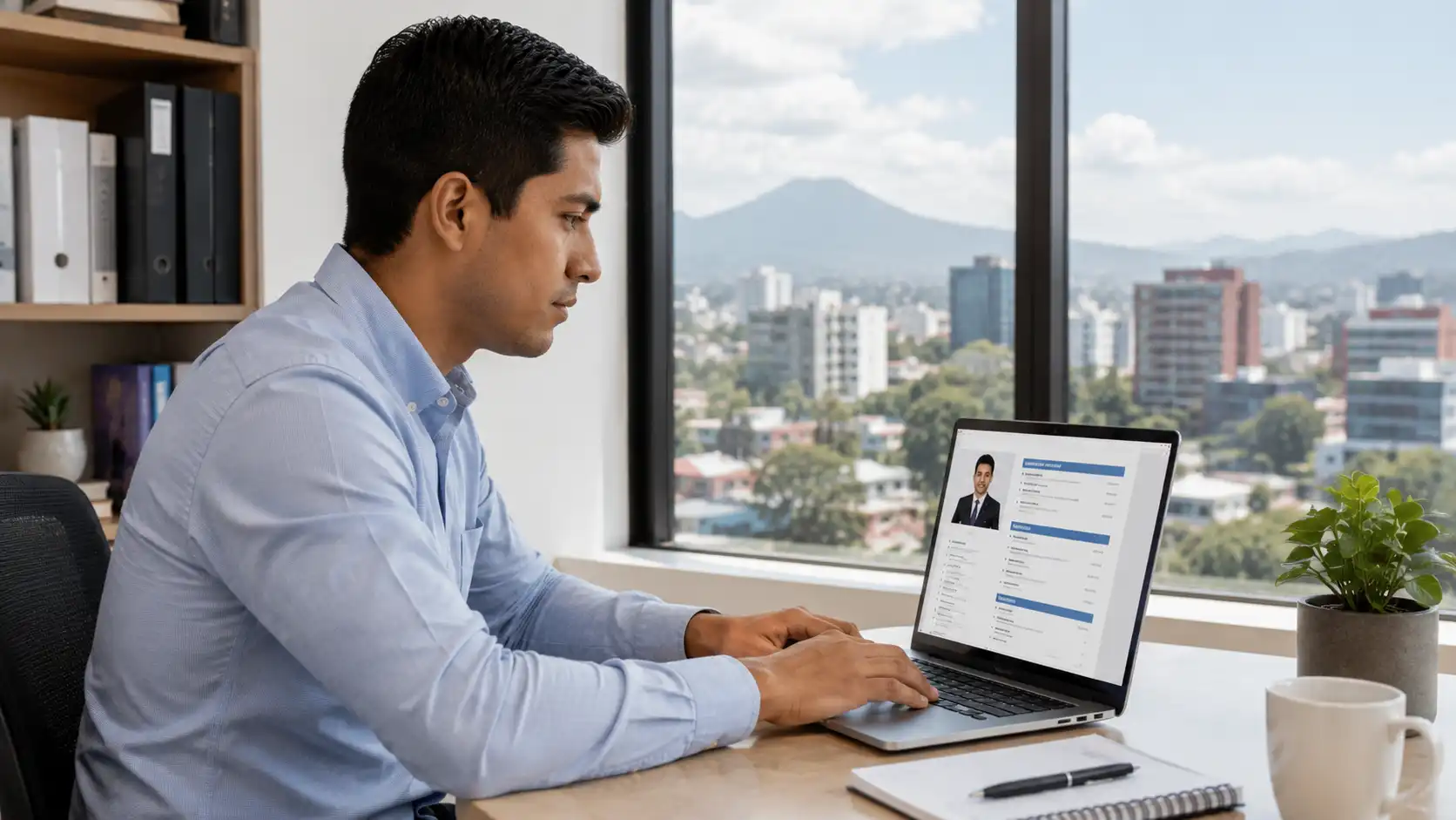 Profesional guatemalteco elaborando su hoja de vida en una laptop en un espacio de trabajo moderno en Ciudad de Guatemala.