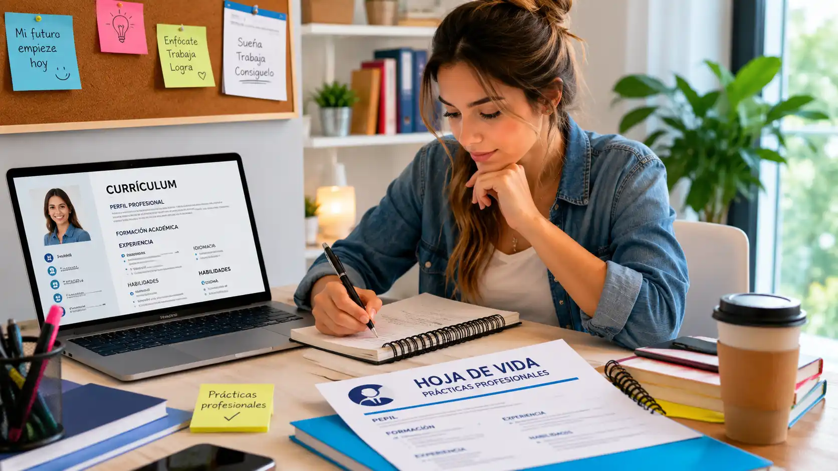 Estudiante creando una hoja de vida para prácticas profesionales.