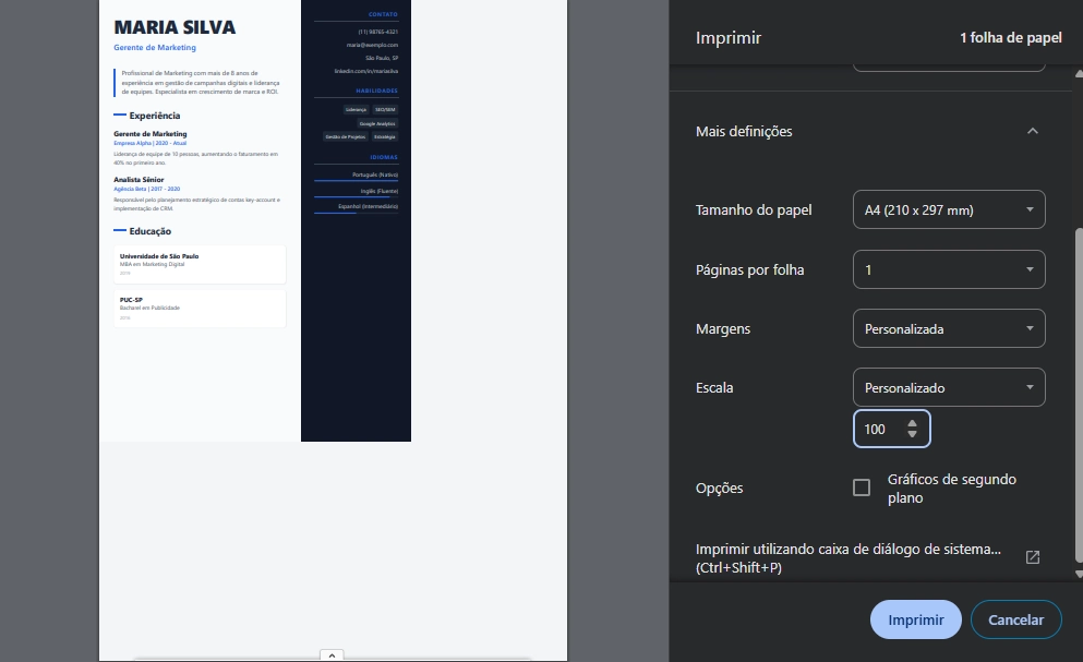 Ejemplo de impresión incorrecta en Chrome o Edge, con la hoja de vida cortada o fuera del margen