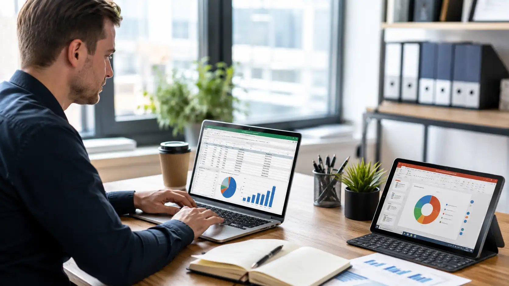 Profesional utilizando herramientas ofimáticas como Excel, Word y Google Workspace en un entorno de oficina moderno para representar competencias digitales en una hoja de vida