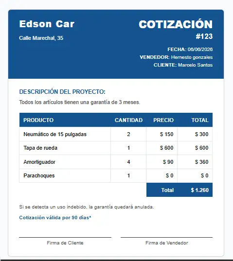 Plantilla de cotización profesional gratis con diseño azul, editable e imprimible en PDF