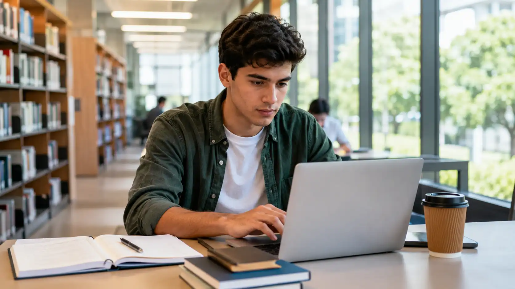 Estudiante universitaria trabajando en una computadora portátil mientras estudia en una biblioteca en Colombia, representando la posibilidad de trabajar legalmente mientras estudia.