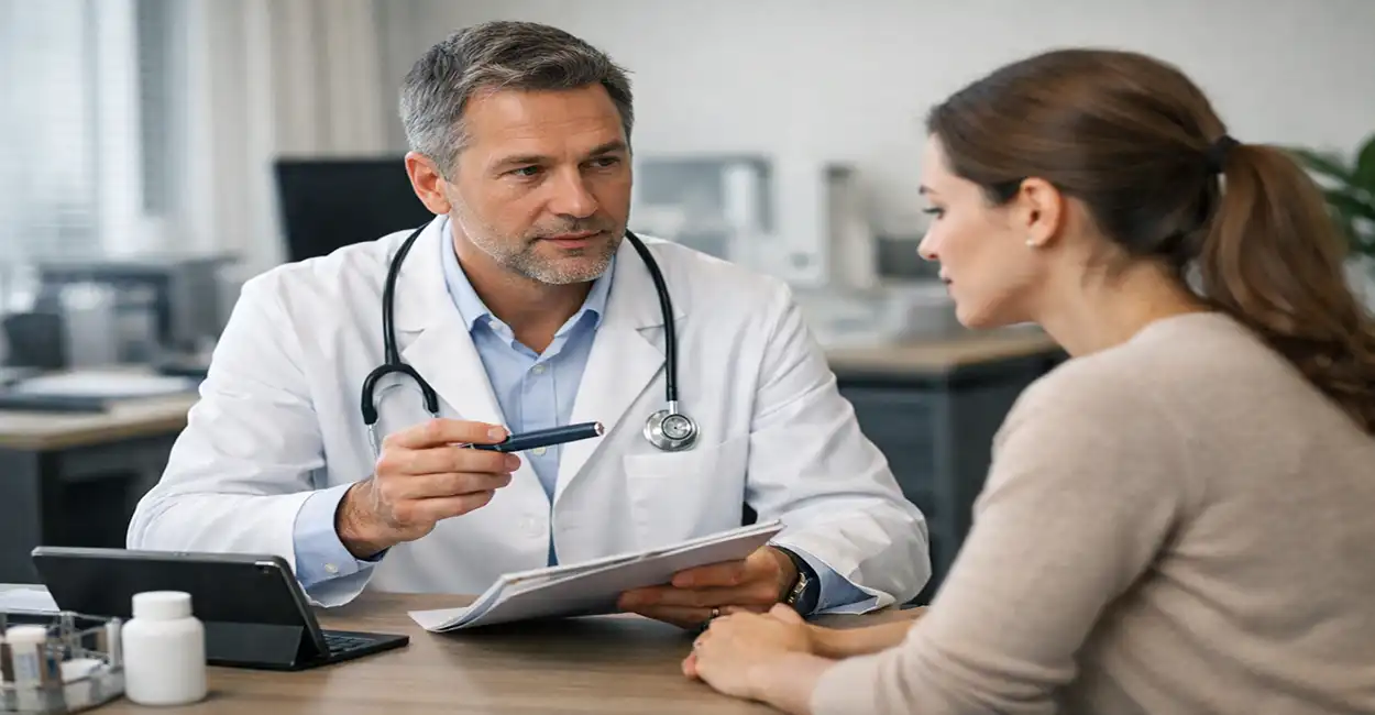 Médico explicando tratamento com caneta emagrecedora para paciente em consultório moderno