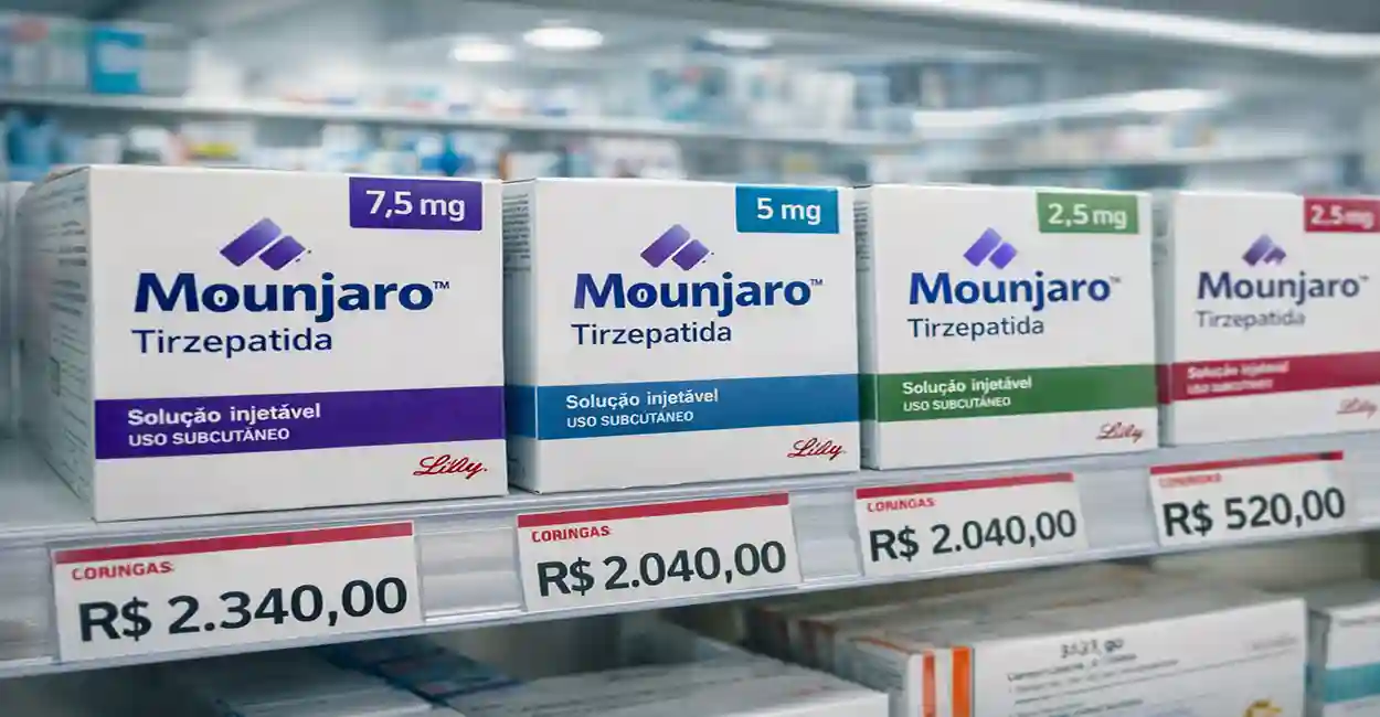 Caixas de Mounjaro com preços exibidos em prateleira de farmácia mostrando variação de valores em 2026