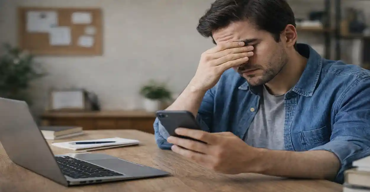Homem cansado olhando para o celular enquanto trabalha, representando distração causada por redes sociais