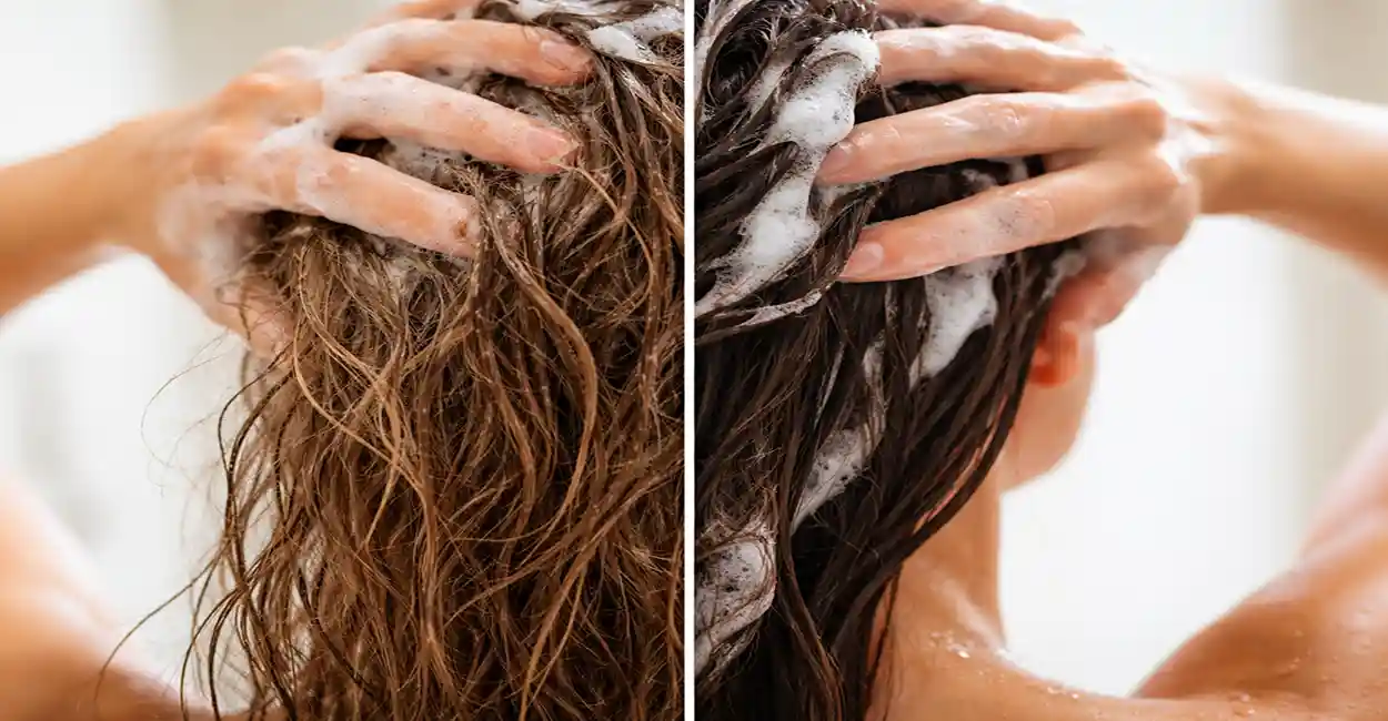 Cabelo sendo lavado com shampoo antirresíduo mostrando diferença entre fios ressecados e hidratados